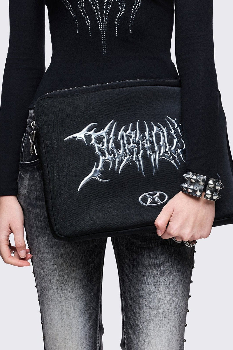 Black laptop sleeve bag with "burnout" sigilism design.