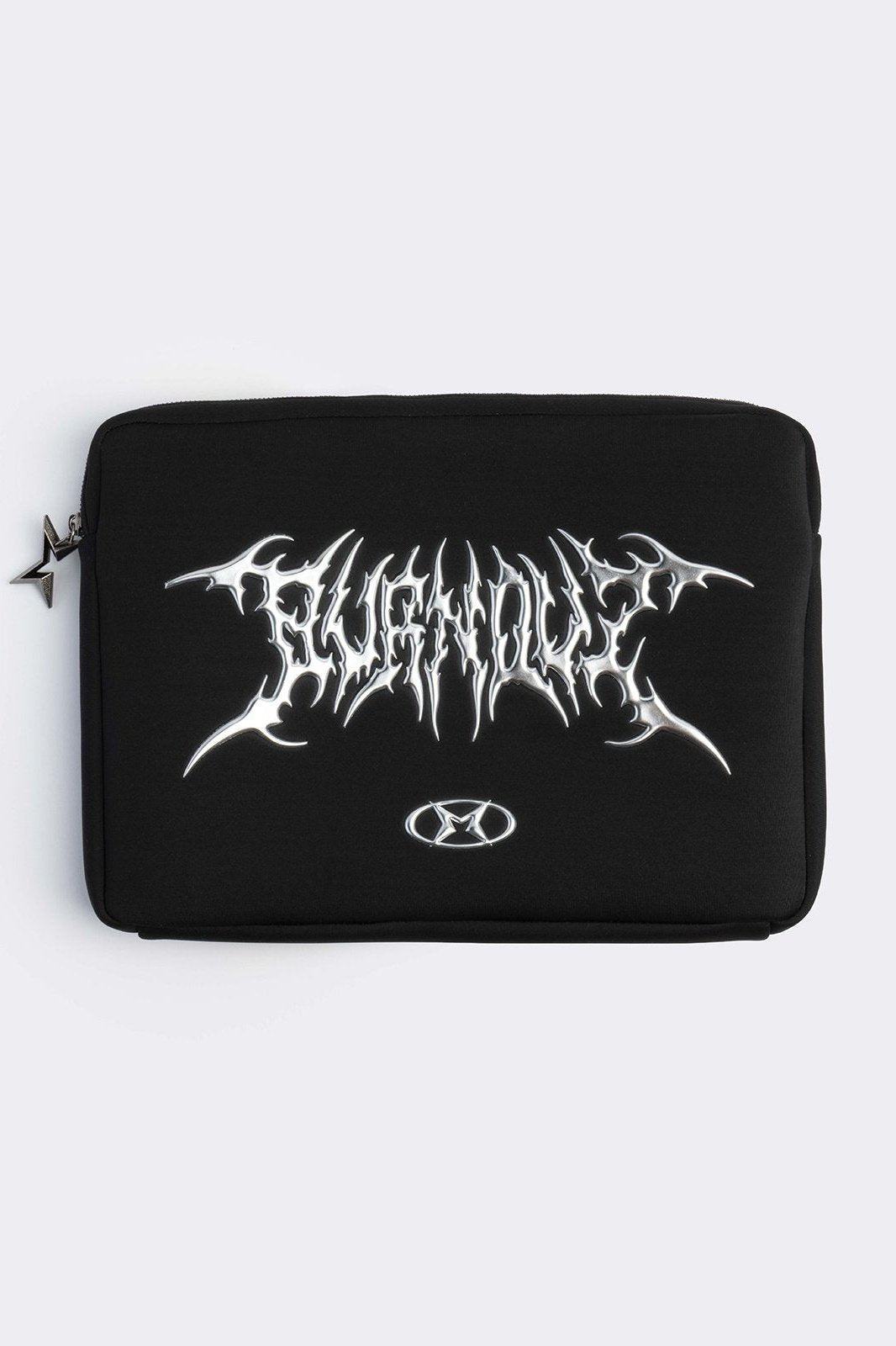 Black laptop sleeve bag with "burnout" sigilism design.