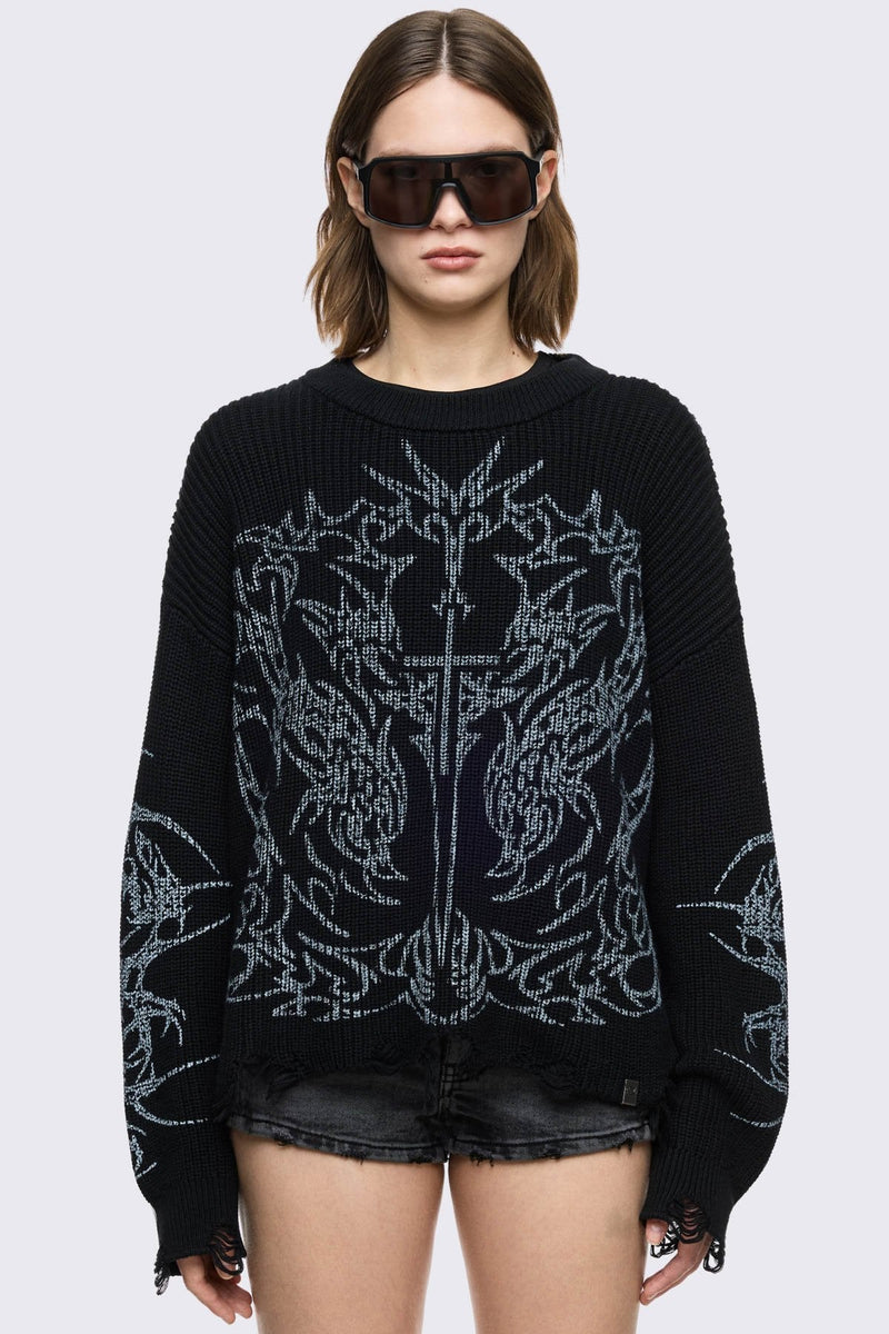Black knitted jumper with cross sigilism graphic design and distressed rib