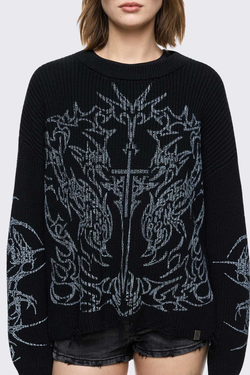 Black knitted jumper with cross sigilism graphic design and distressed rib