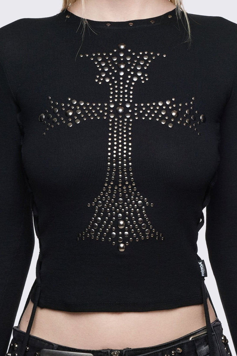 Black long sleeve top with studded cross front design, lace-up side detail and thumbhole cuffs.