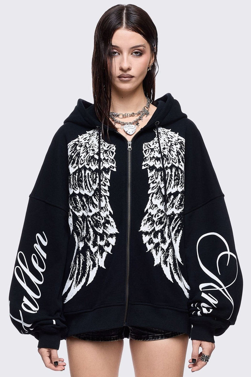 Black zip up hoodie jacket featuring a white wings graphic front print and "fallen angel" on sleeves
