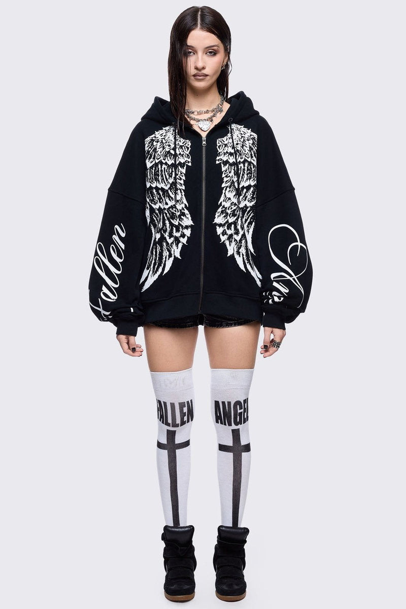 Black zip up hoodie jacket featuring a white wings graphic front print and "fallen angel" on sleeves
