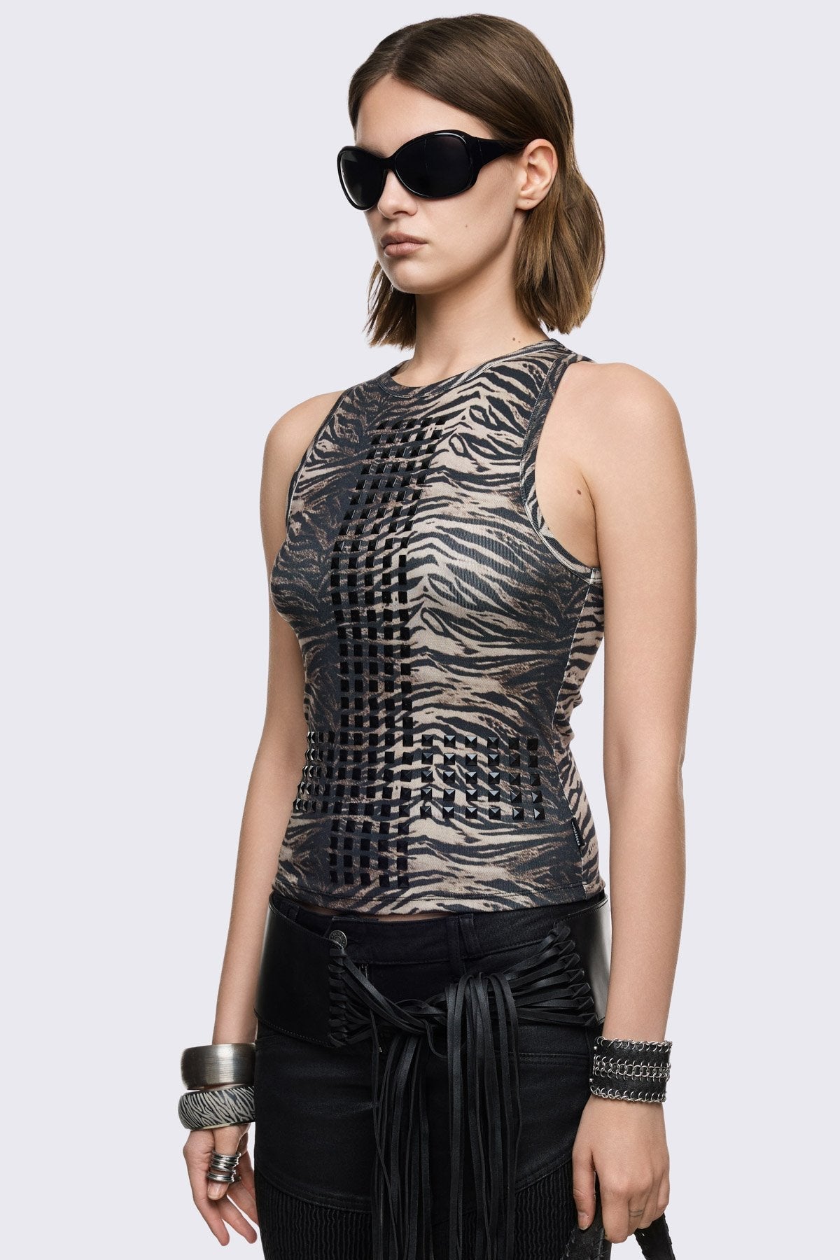 tank top in black and gray stretch cotton with zebra print and studded inverted cross, grunge vibe.