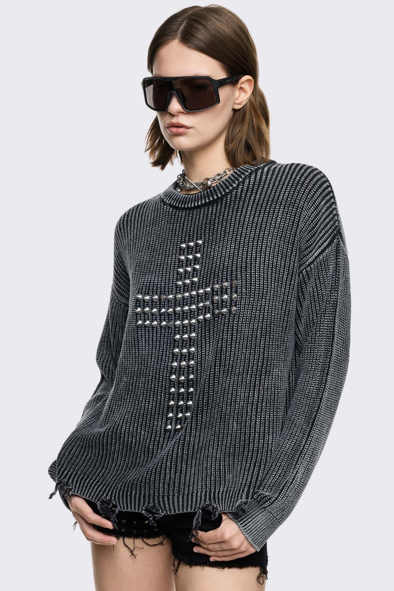 Black marl knit jumper with spiked cross design on front.