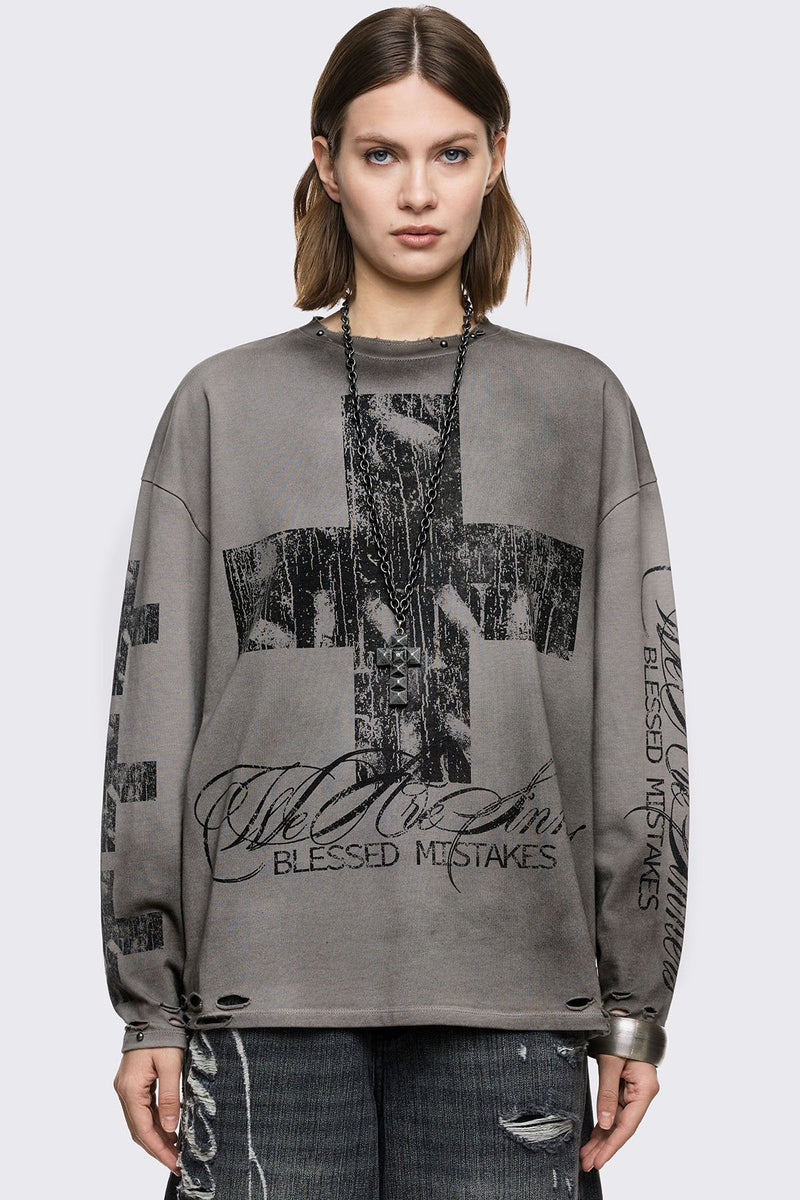 Grey cotton long sleeve T-shirt with cross graphic, studs and distressed hem in a grunge goth style.