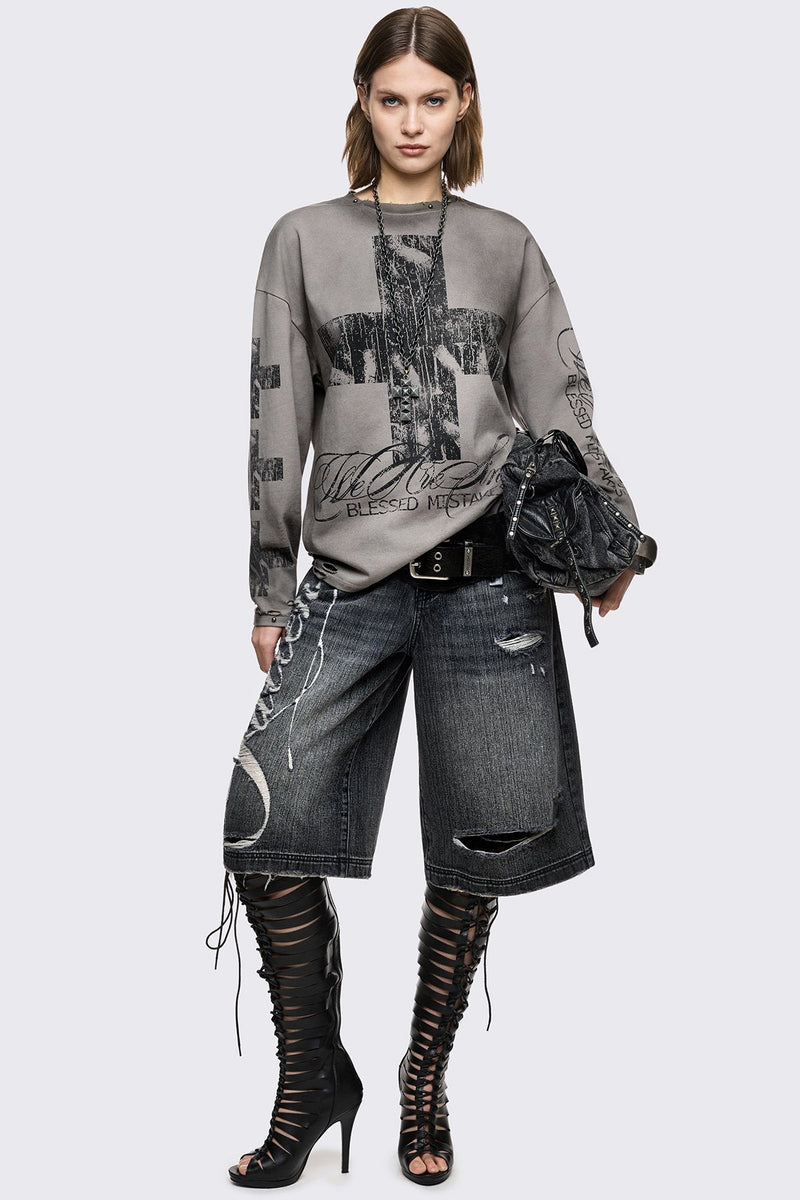 Grey cotton long sleeve T-shirt with cross graphic, studs and distressed hem in a grunge goth style.