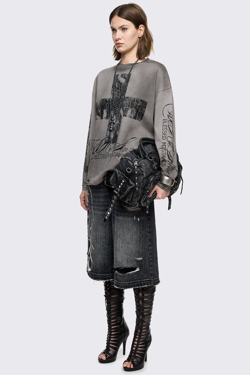 Grey cotton long sleeve T-shirt with cross graphic, studs and distressed hem in a grunge goth style.