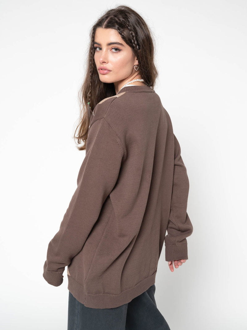 Brown Beige Argyle Knitted Jumper - Minga London