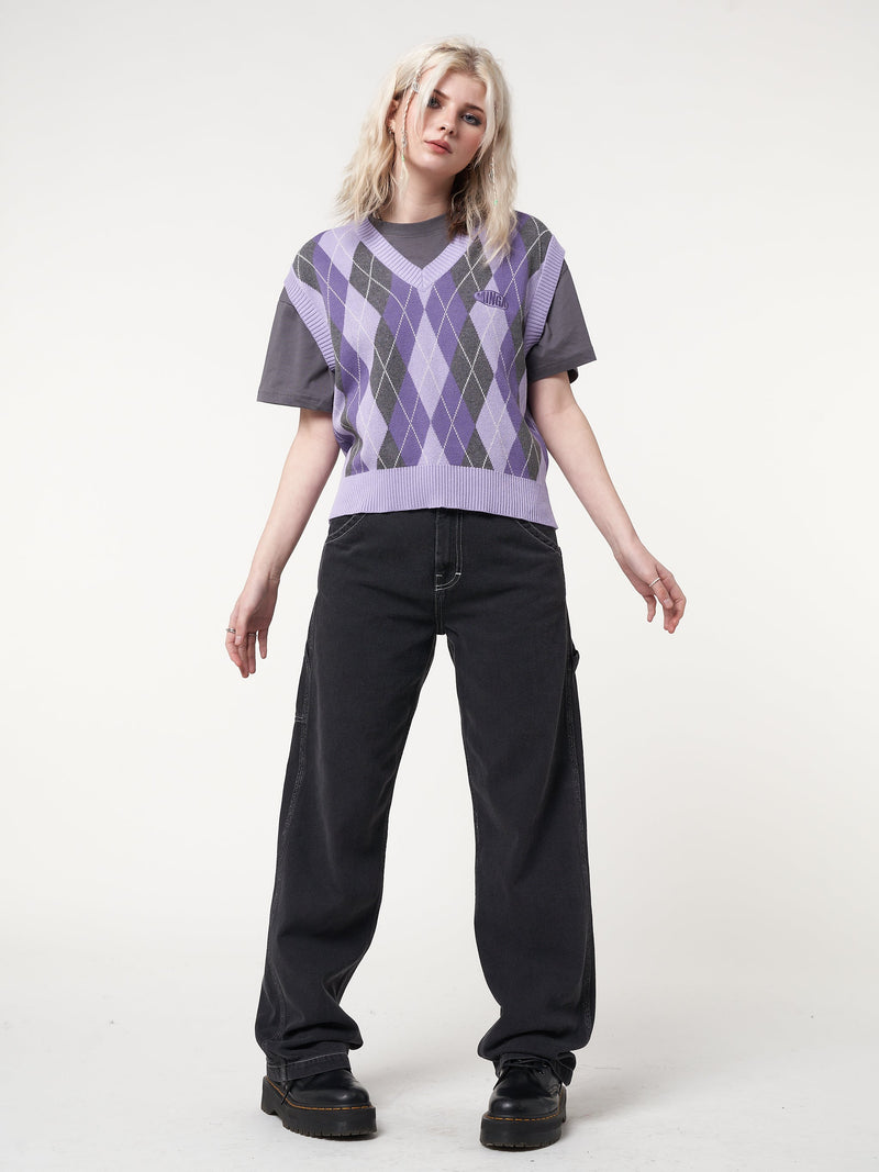 Cleo Argyle Purple Knit Vest - Minga London