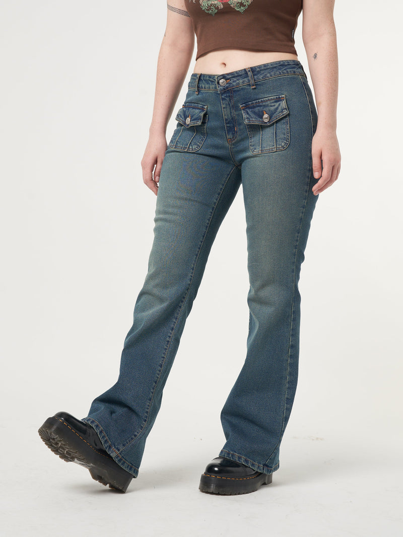 Jade Overdye Front Pocket Flare Jeans - Minga London