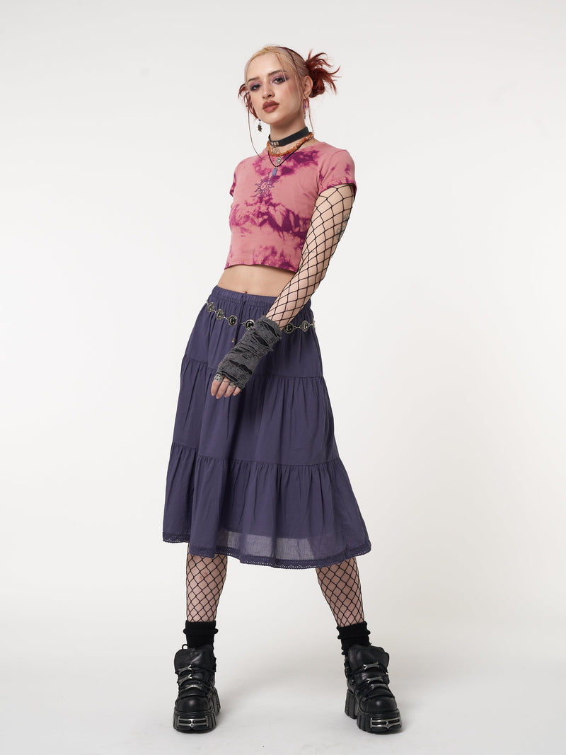 Purple Mist Ruffle Lace Midi Skirt - Minga London
