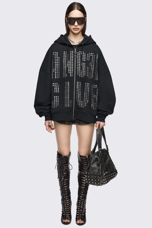 Black cotton zip-up hoodie with studded Angel Club design, oversized fit and grunge streetwear vibe.