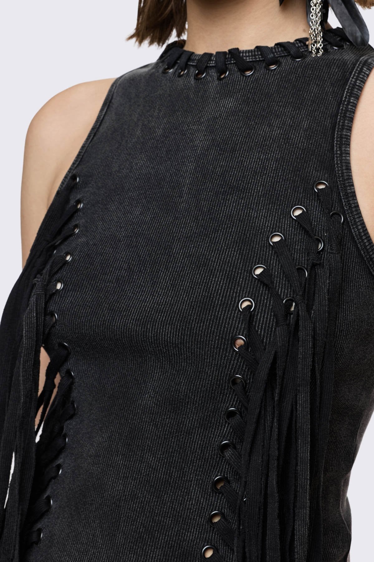 Black washed ribbed cotton tank top with lace-up eyelets and long hanging ties, slim grunge aesthetic.