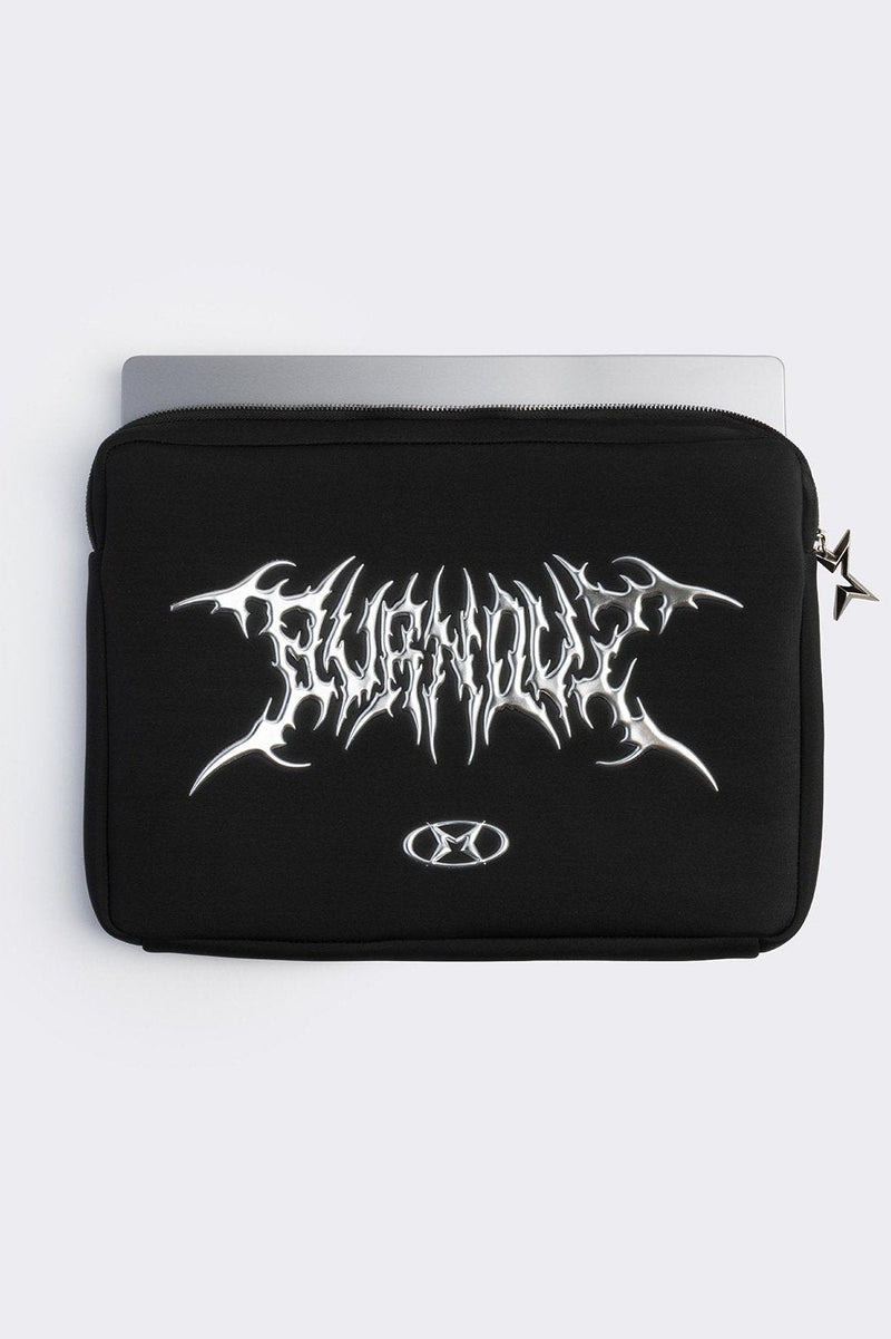 Black laptop sleeve bag with "burnout" sigilism design.
