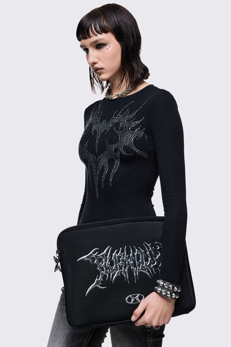 Black laptop sleeve bag with "burnout" sigilism design.