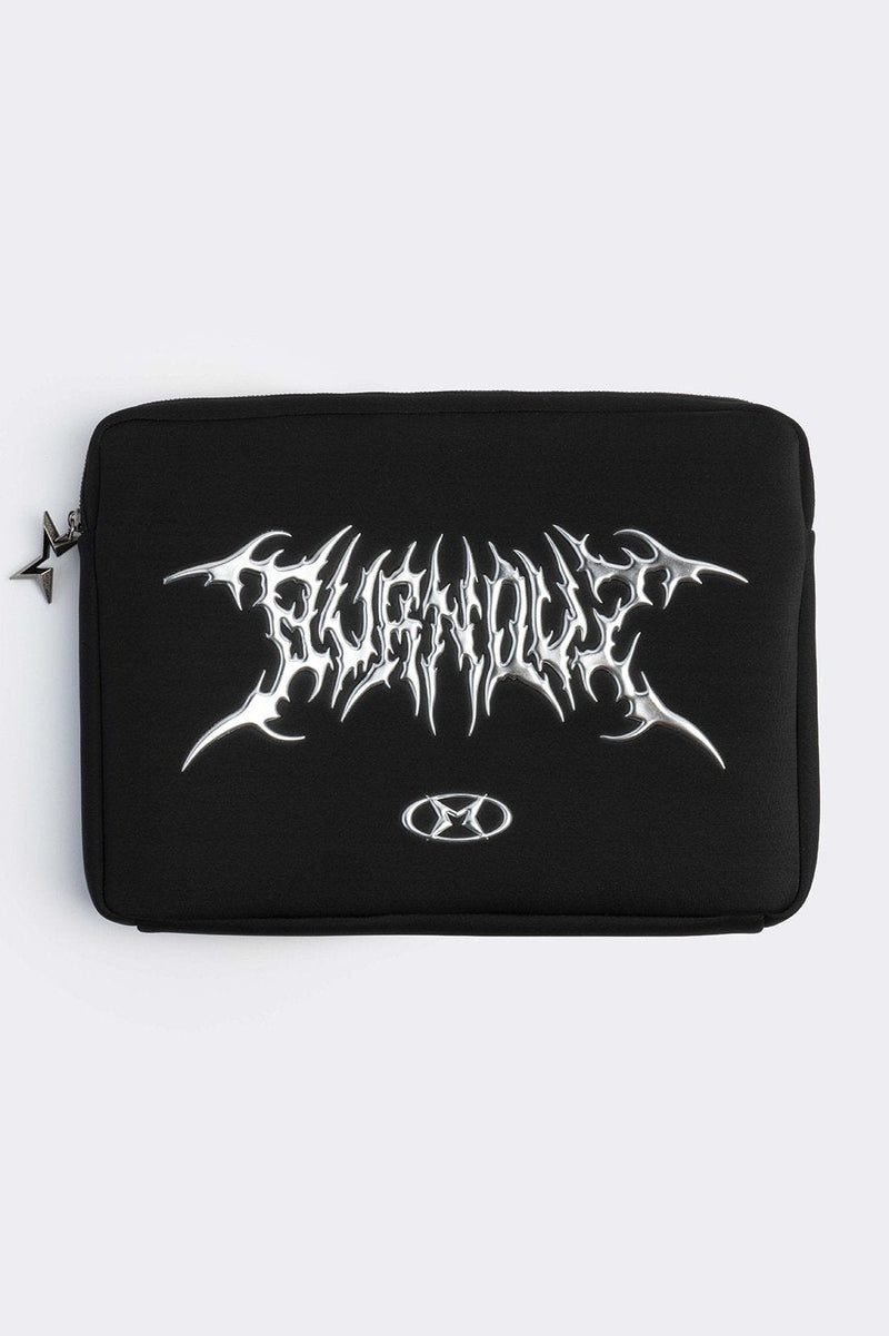 Black laptop sleeve bag with "burnout" sigilism design.