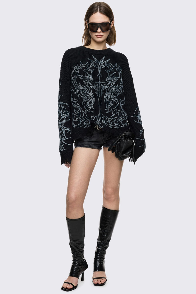 Black knitted jumper with cross sigilism graphic design and distressed rib 