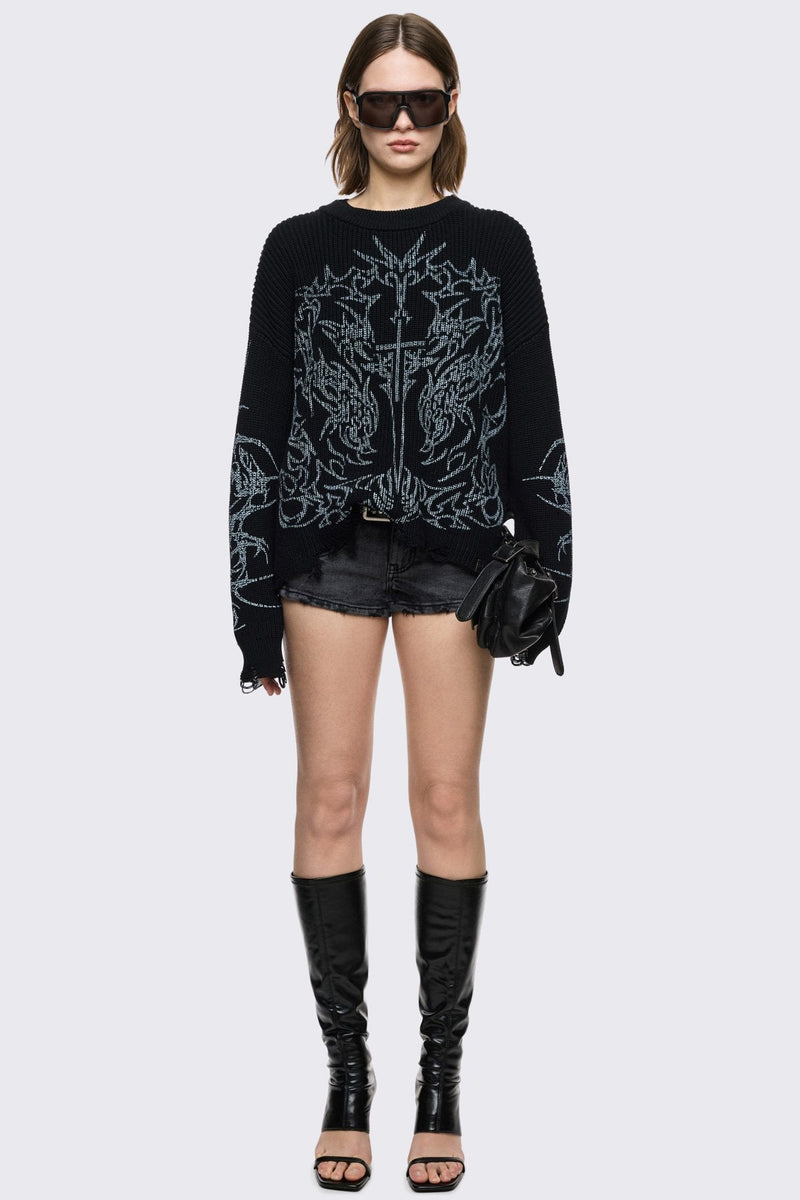 Black knitted jumper with cross sigilism graphic design and distressed rib 