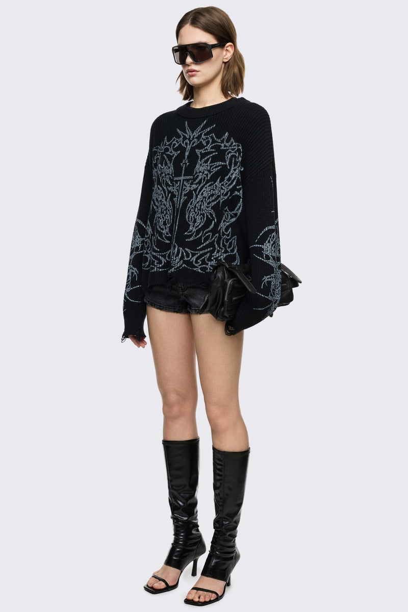Black knitted jumper with cross sigilism graphic design and distressed rib 