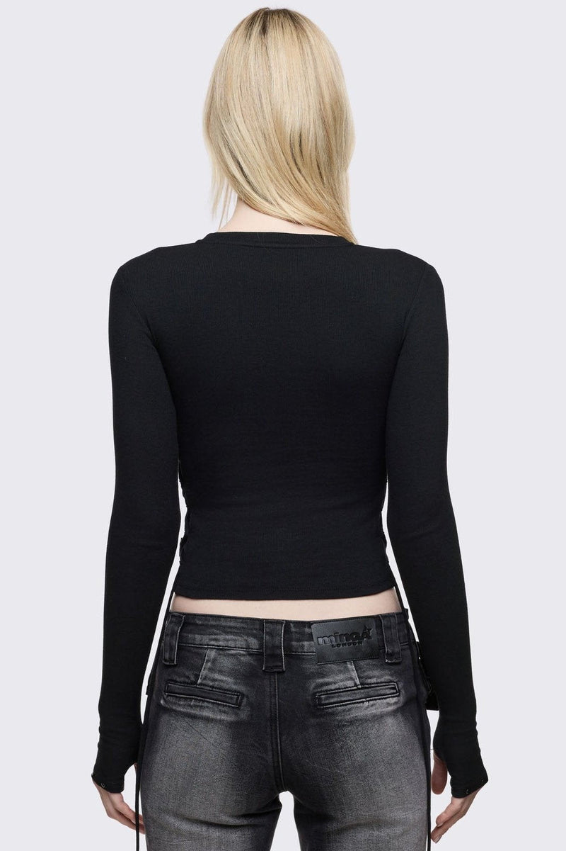 Black long sleeve top with studded cross front design, lace-up side detail and thumbhole cuffs.