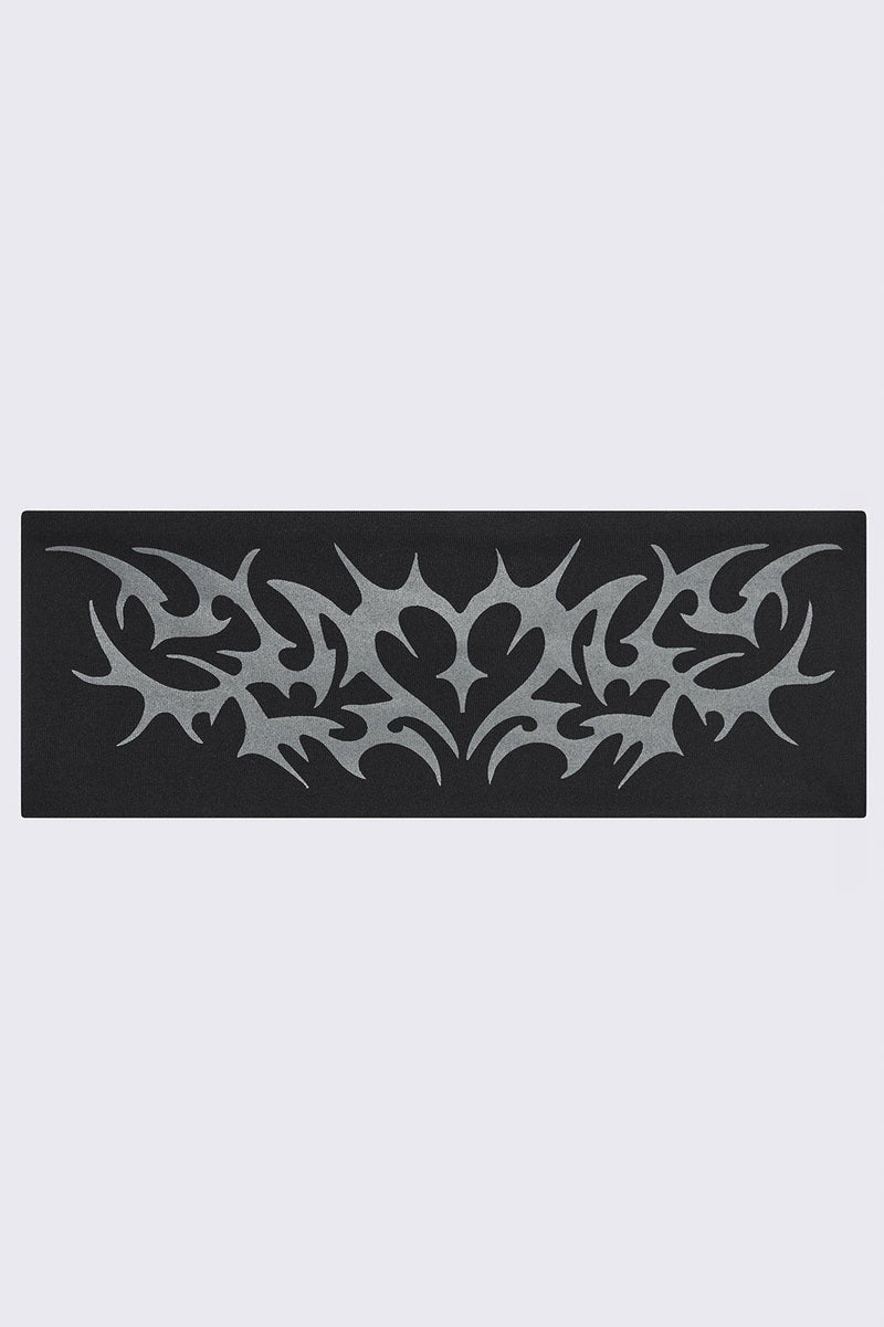 Black headband with cyber sigilism heart tattoo print.