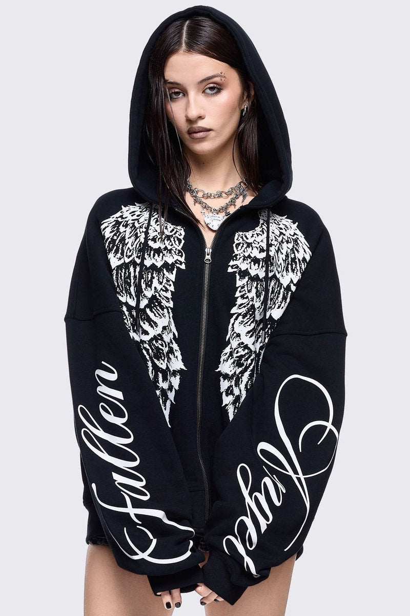 Black zip up hoodie jacket featuring a white wings graphic front print and "fallen angel" on sleeves