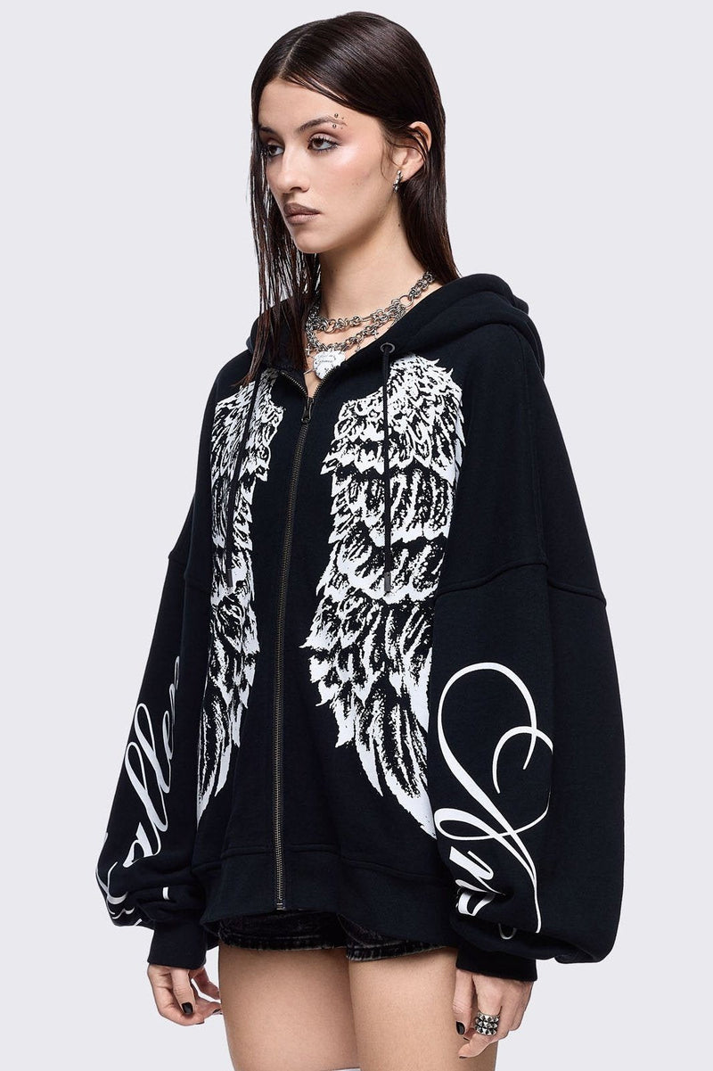 Black zip up hoodie jacket featuring a white wings graphic front print and "fallen angel" on sleeves