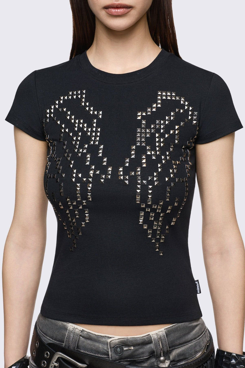 Black cotton baby tee with studded wings graphic, short sleeves and crew neck in a grunge Y2K style.
