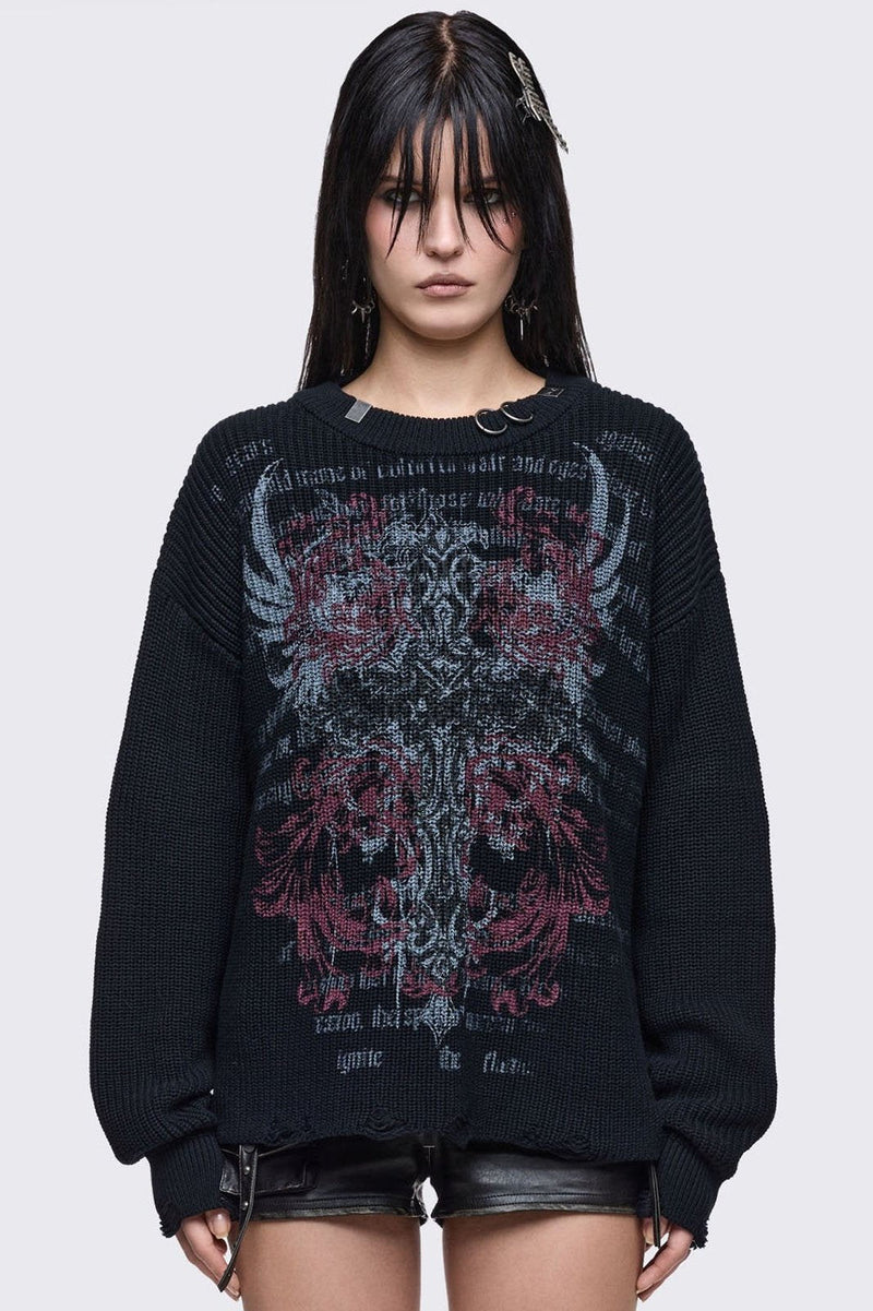 Black knitted distressed jumper with grunge graphic design and stud and O-ring details.