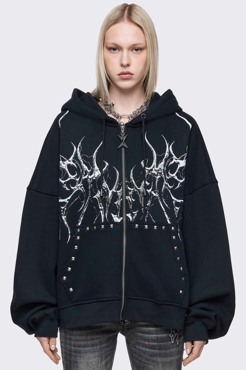 Black oversize zip up hoodie with sigilism graphic front print.
