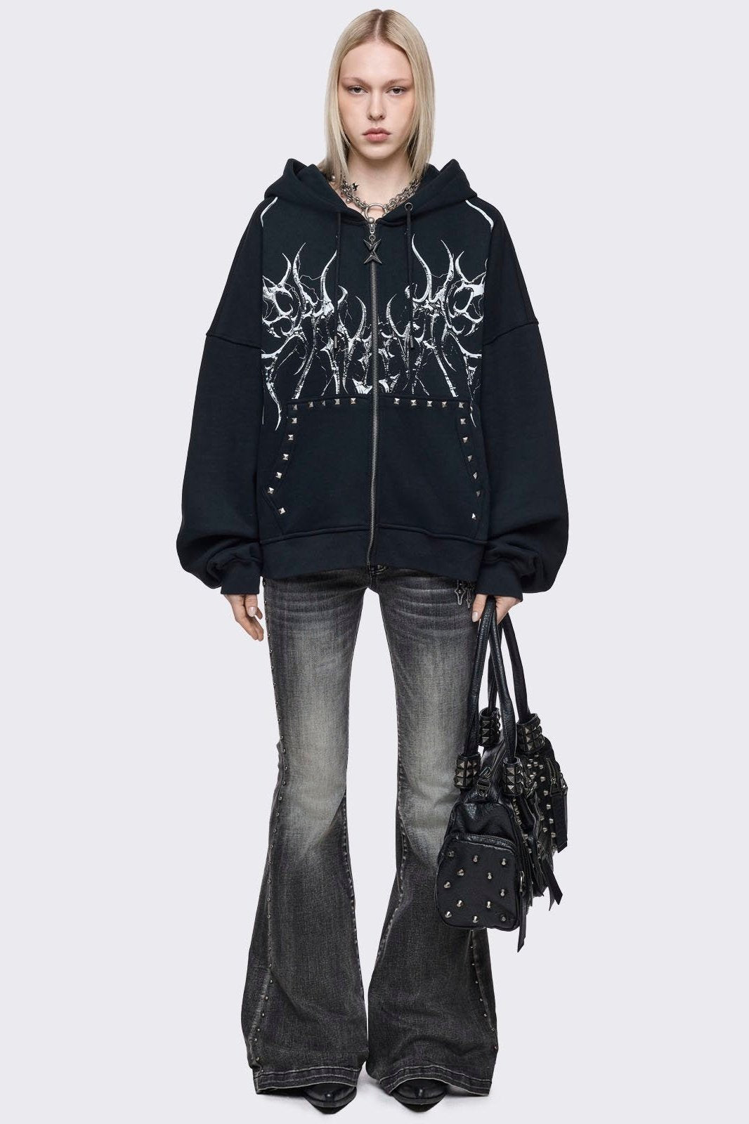 Black oversize zip up hoodie with sigilism graphic front print.