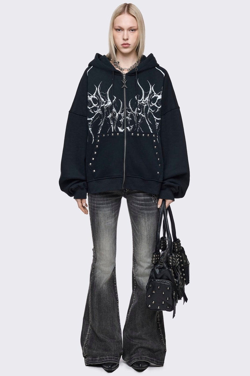 Black oversize zip up hoodie with sigilism graphic front print.