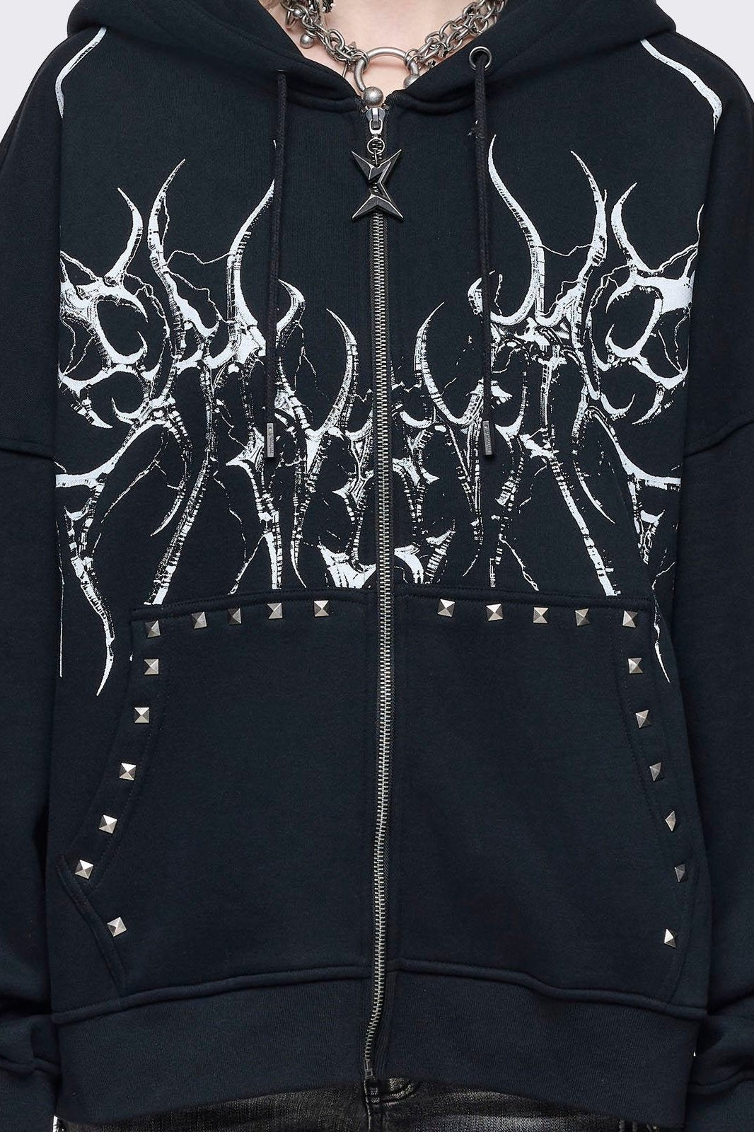 Black oversize zip up hoodie with sigilism graphic front print.