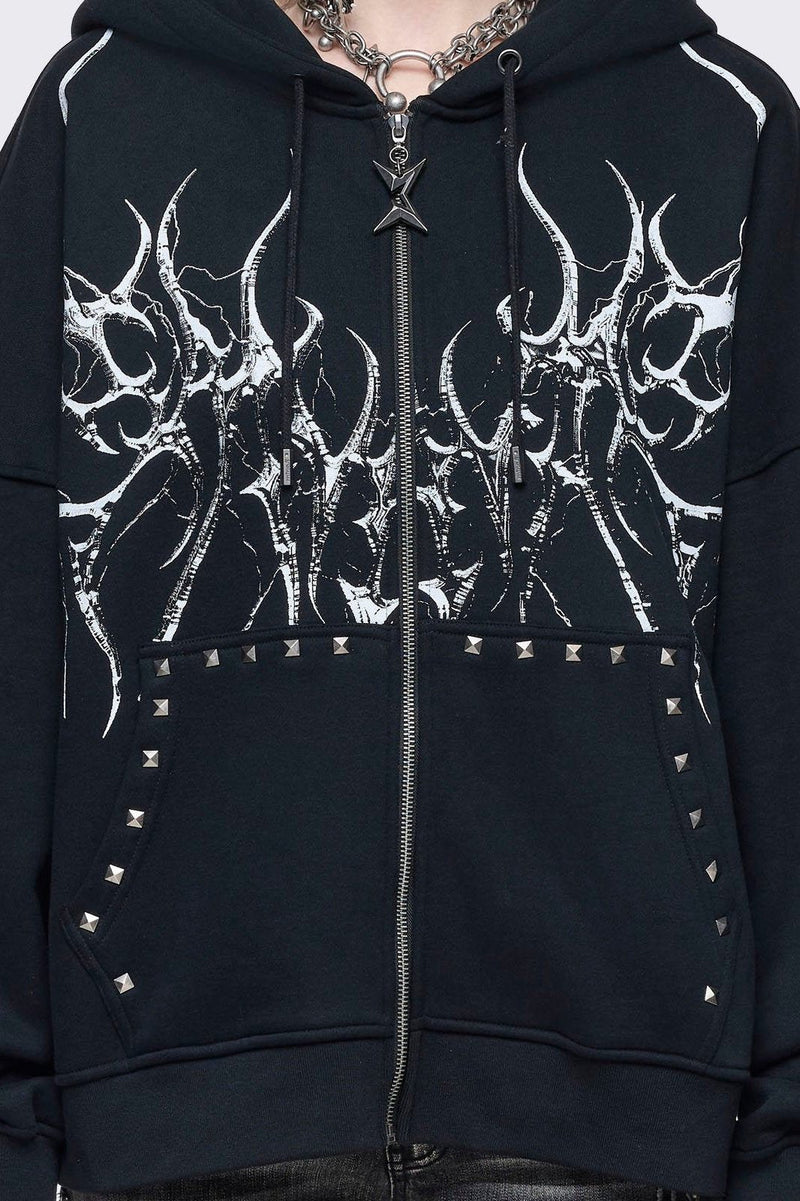 Black oversize zip up hoodie with sigilism graphic front print.