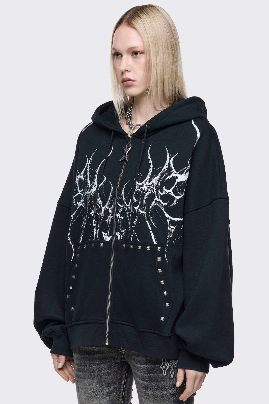 Black oversize zip up hoodie with sigilism graphic front print.