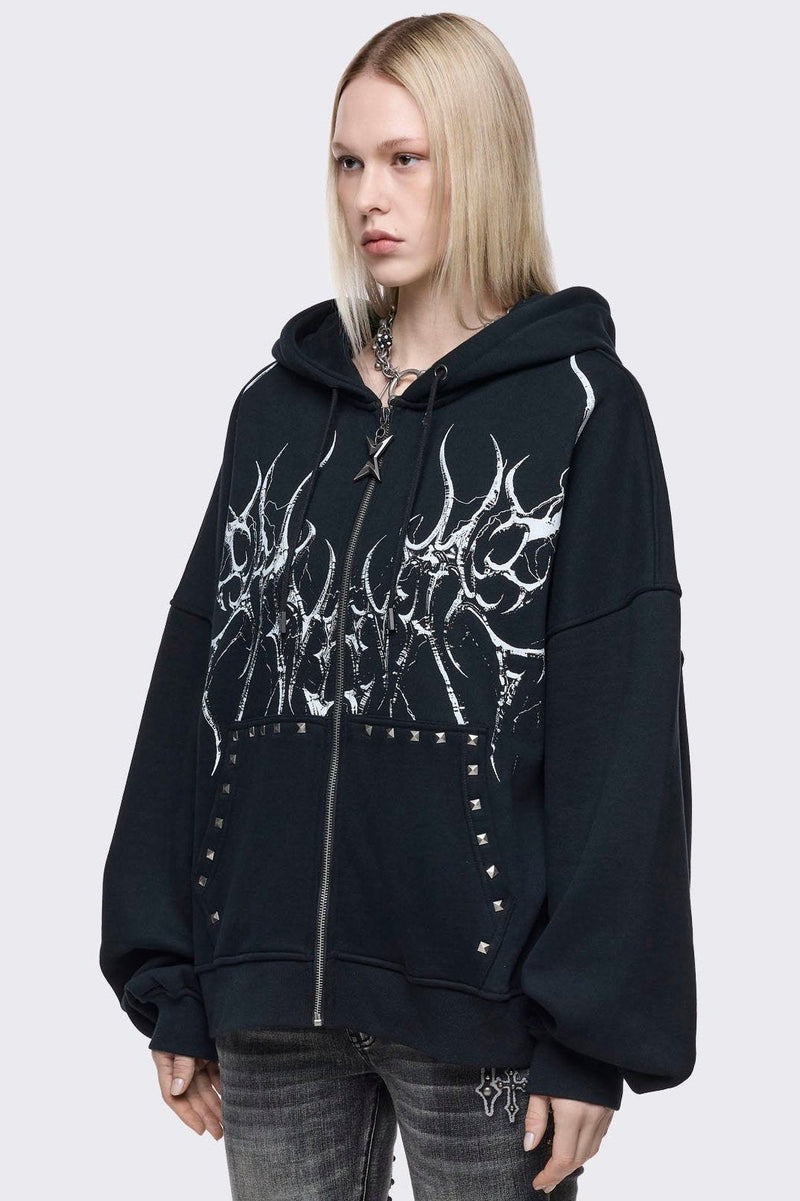 Black oversize zip up hoodie with sigilism graphic front print.