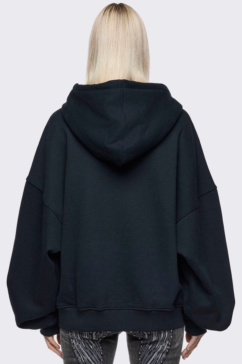 Black oversize zip up hoodie with sigilism graphic front print.