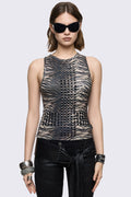tank top in black and gray stretch cotton with zebra print and studded inverted cross, grunge vibe.