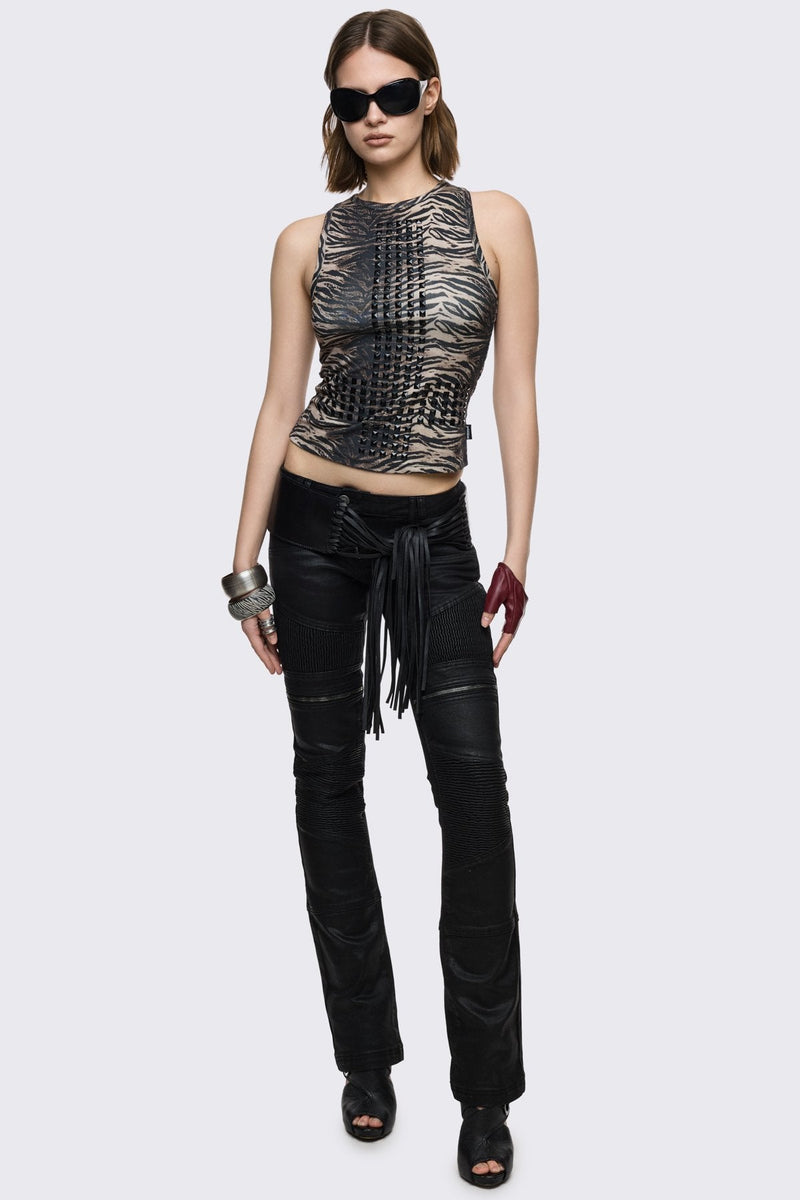 tank top in black and gray stretch cotton with zebra print and studded inverted cross, grunge vibe.