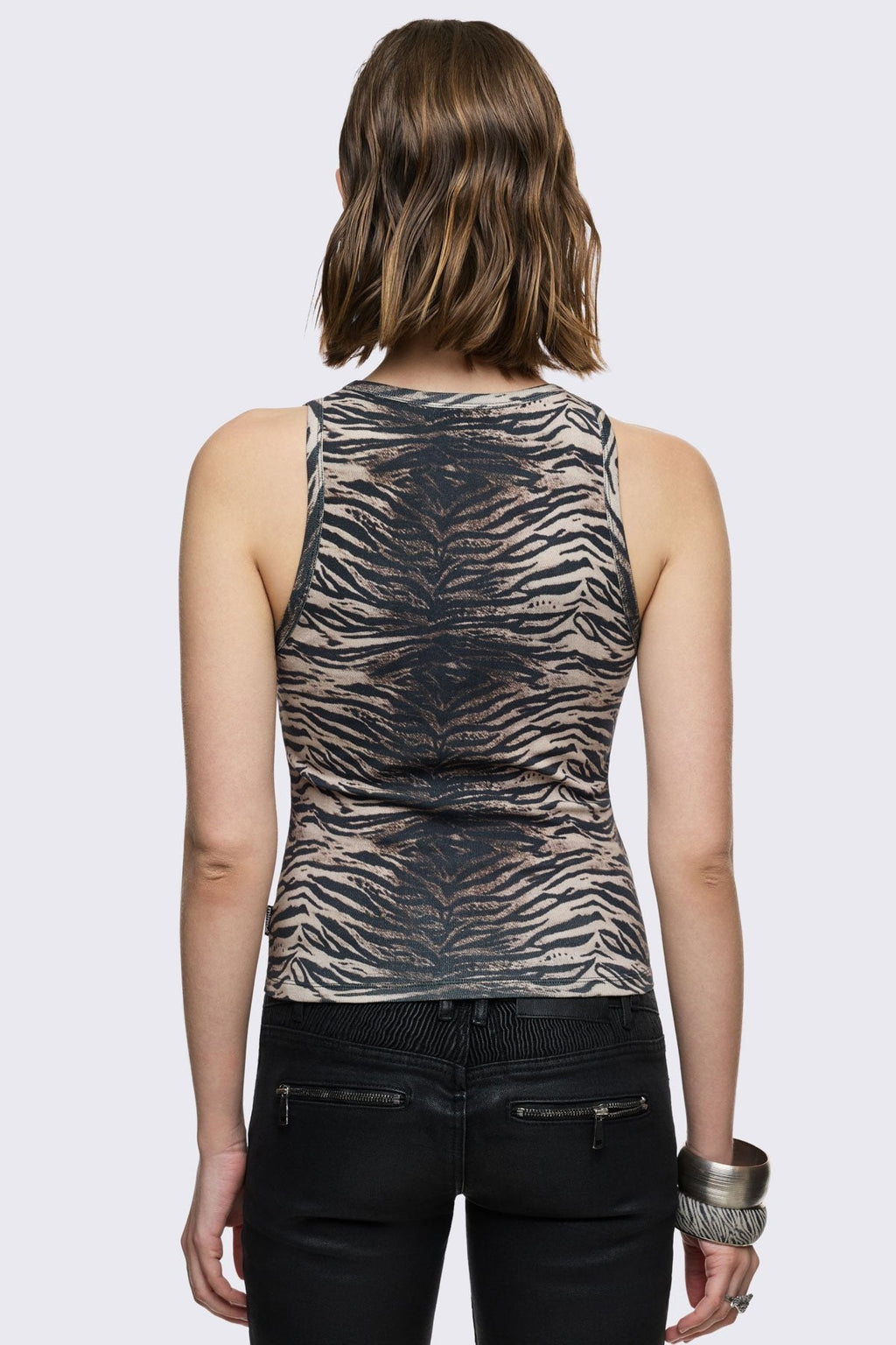 tank top in black and gray stretch cotton with zebra print and studded inverted cross, grunge vibe.