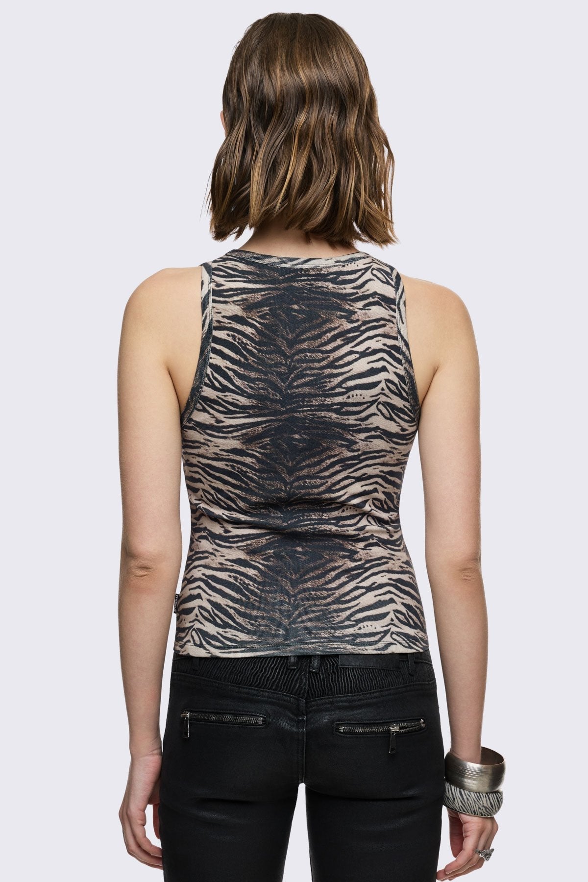 tank top in black and gray stretch cotton with zebra print and studded inverted cross, grunge vibe.