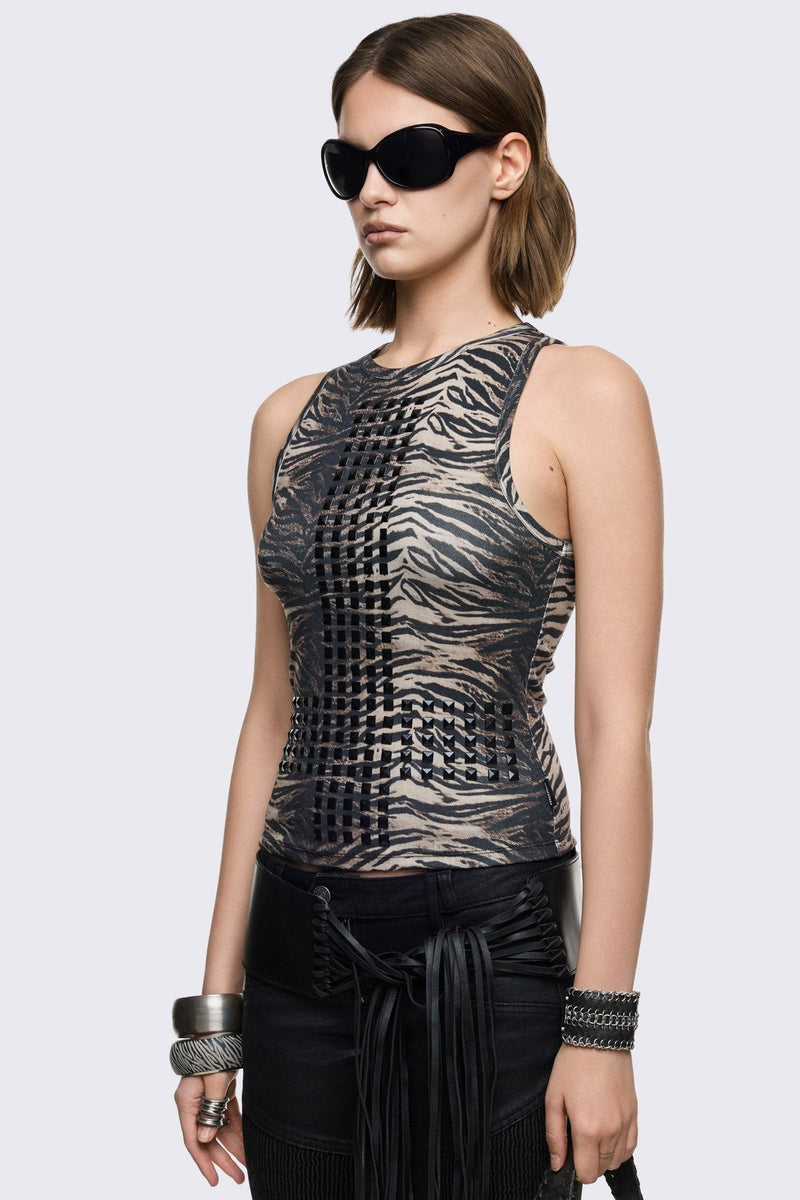 tank top in black and gray stretch cotton with zebra print and studded inverted cross, grunge vibe.