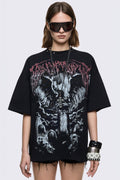 Black cotton T-shirt with dark front graphic print, relaxed fit, and grunge aesthetic.