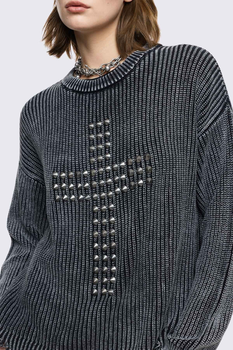 Black marl knit jumper with spiked cross design on front. 