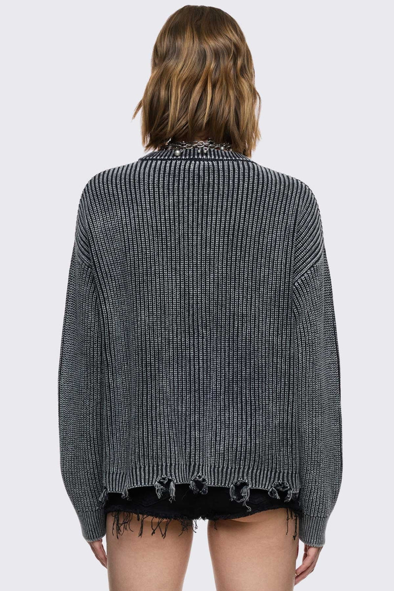 Black marl knit jumper with spiked cross design on front. 