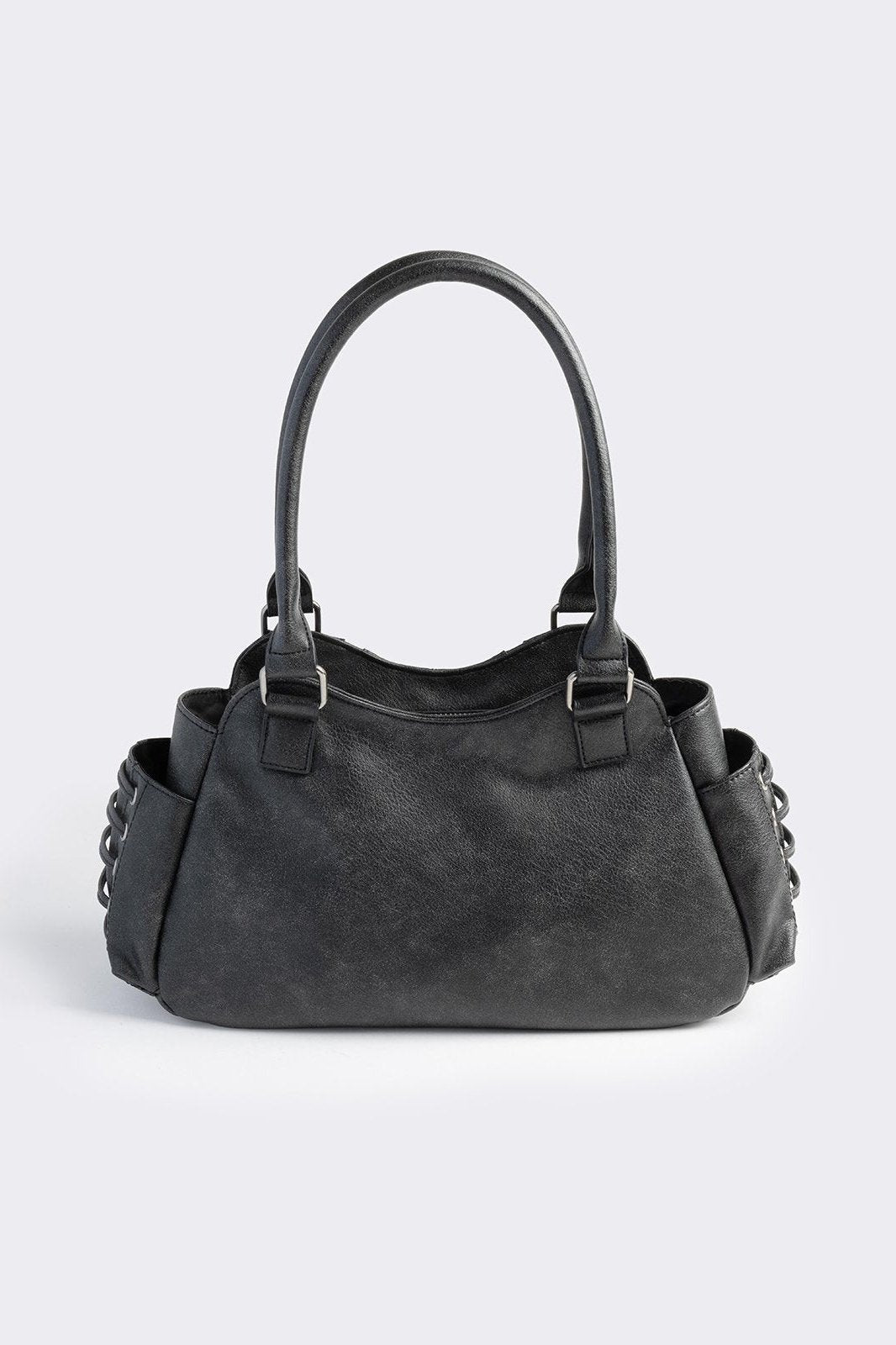 Black vegan leather shoulder bag with silver eyelets and multiple pockets