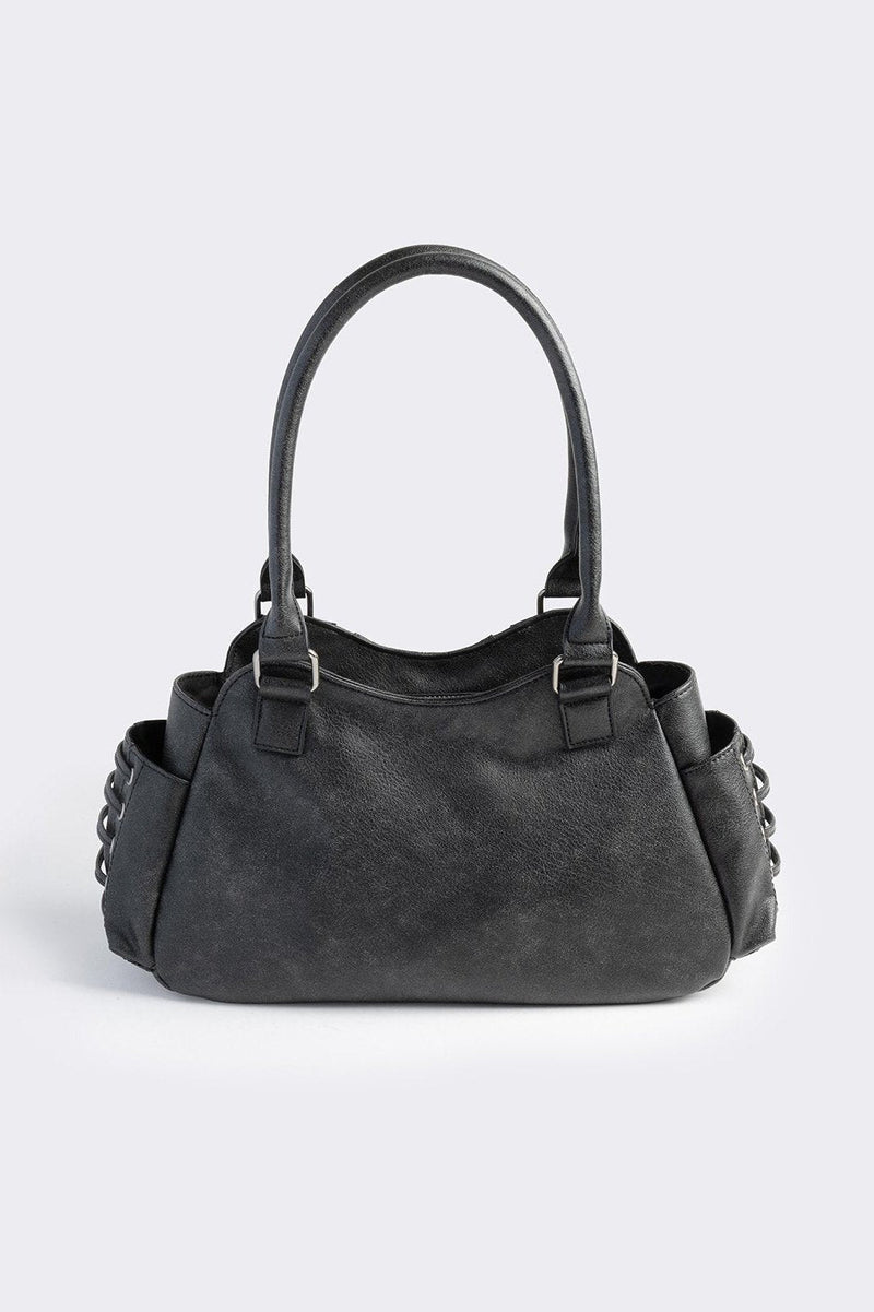 Black vegan leather shoulder bag with silver eyelets and multiple pockets