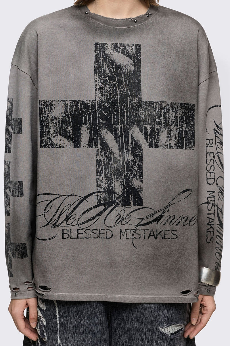 Grey cotton long sleeve T-shirt with cross graphic, studs and distressed hem in a grunge goth style.