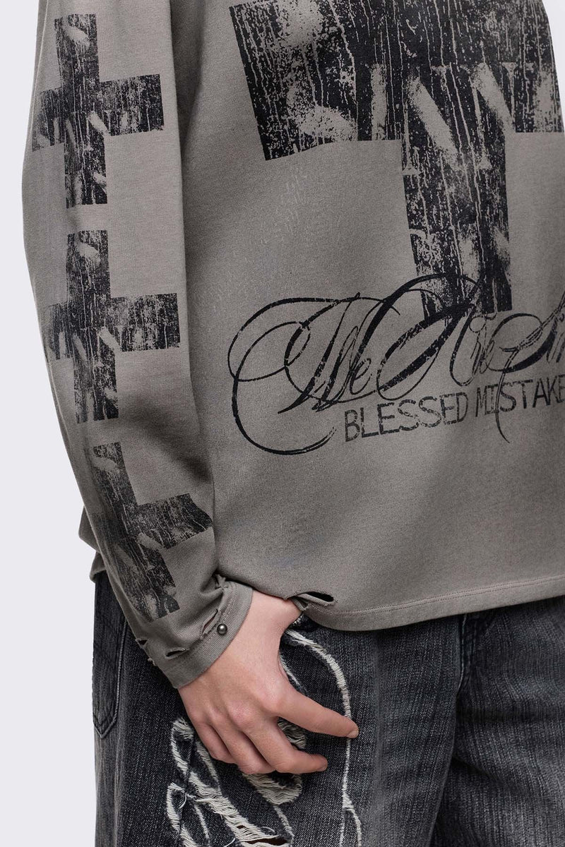Grey cotton long sleeve T-shirt with cross graphic, studs and distressed hem in a grunge goth style.